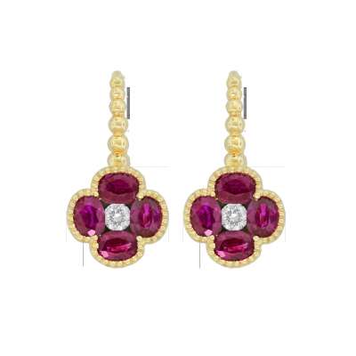 Oval Shaped Ruby & Diamond Flower Cluster Earrings in Yellow Gold Profile Picture