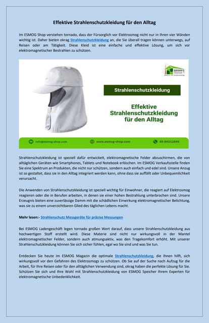 Beste Strahlenschutzkleidung gegen Elektrosmog – Finden Sie sie im ESMOG-Shop | PDF