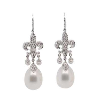 White Gold Fleur de Lis and Pearl and Diamond Drop Earrings Profile Picture